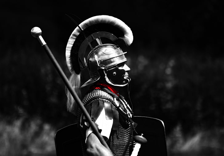 gladiator grayscale portrait photo, background, armor, Rome, helmet