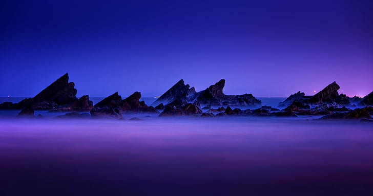 landscape photo of sea shore during night time, Rocks, Coast