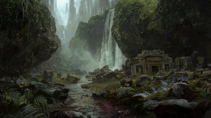 digital art, ruins, Path of Exile, waterfall, video games, HD wallpaper