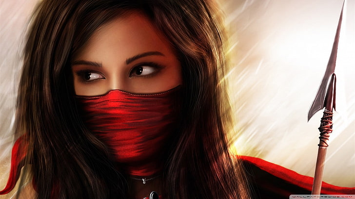 woman with red mouth mask illustration, women, Arrow, artwork, HD wallpaper