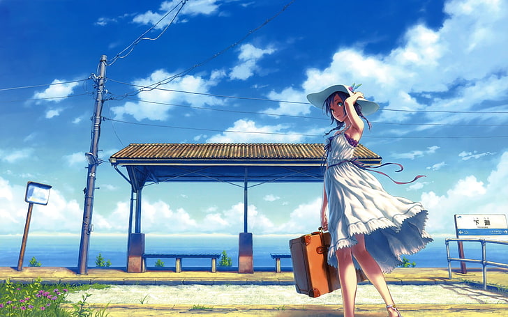 female anime character with case on terminal illustration, female anime character holding brown suit case near waiting shed
