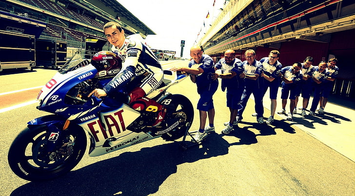 Jorge Lorenzo, white and blue Yamaha sports bike, Motorcycle Racing