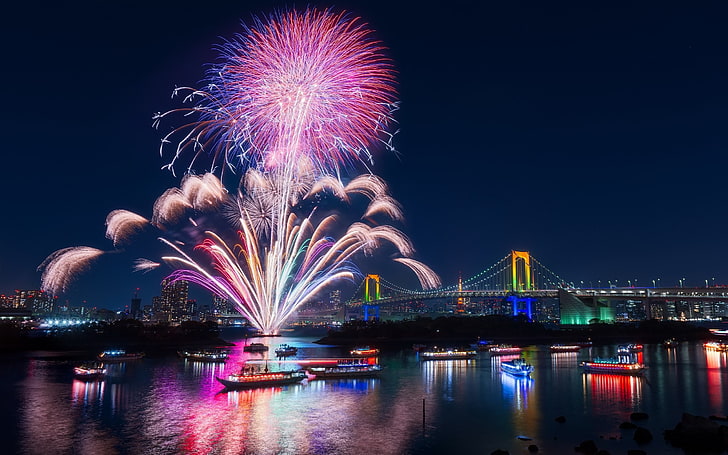 fireworks, city, river, boat, bridge, ship, Tokyo, Japan, illuminated