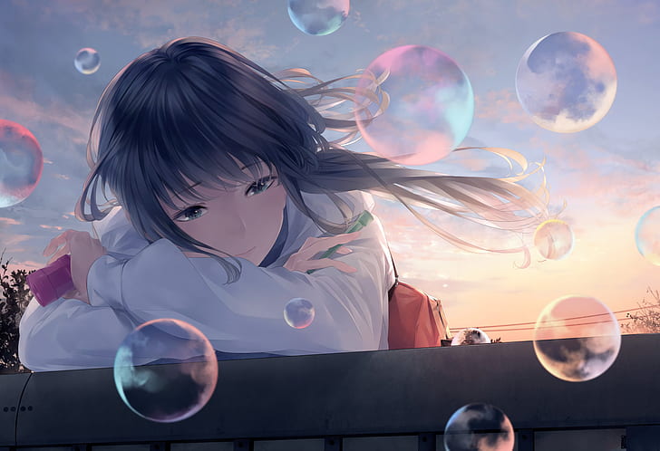 anime, anime girls, bubbles, dark hair, sky