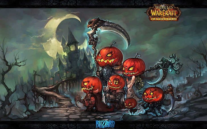 World Warcraft wallpaper, weapons, art, elves, pumpkin, Halloween