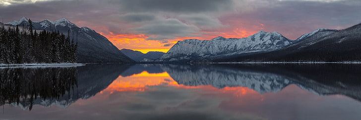 snow, winter, lake, reflection, trees, clouds, mountains, photography