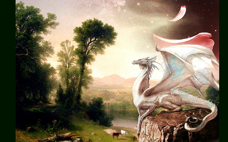 white and black bird painting, dragon, fantasy art, tree, plant, HD wallpaper