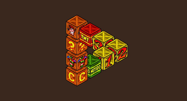 video games, Crash Bandicoot, crate, multi colored, studio shot