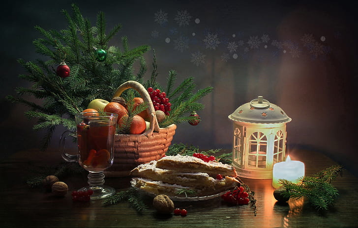 winter, happiness, tea, tree, new year, Christmas, candle, still life