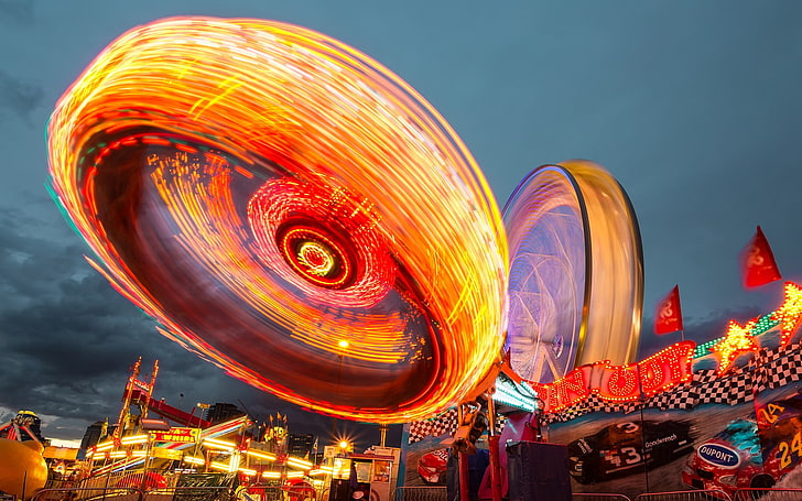 long exposure photography of carousel ride, theme parks, lights, HD wallpaper