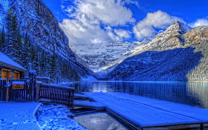 Winter, Banff National Park, Alberta, Canada, lake, snow, house, white and brown mountain along with the body of water