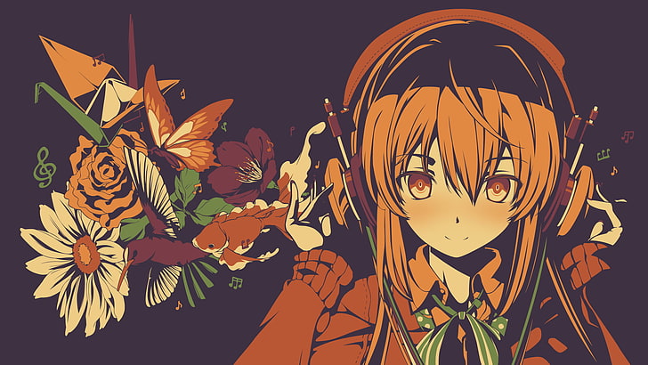 female anime character illustration, headphones, flowers, original characters