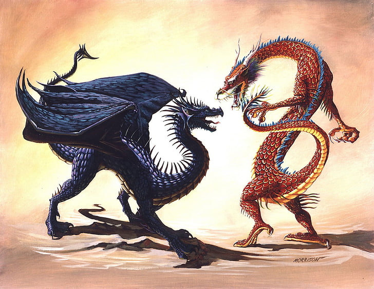 oriental and western dragon illustration, CG, art and craft, representation, HD wallpaper