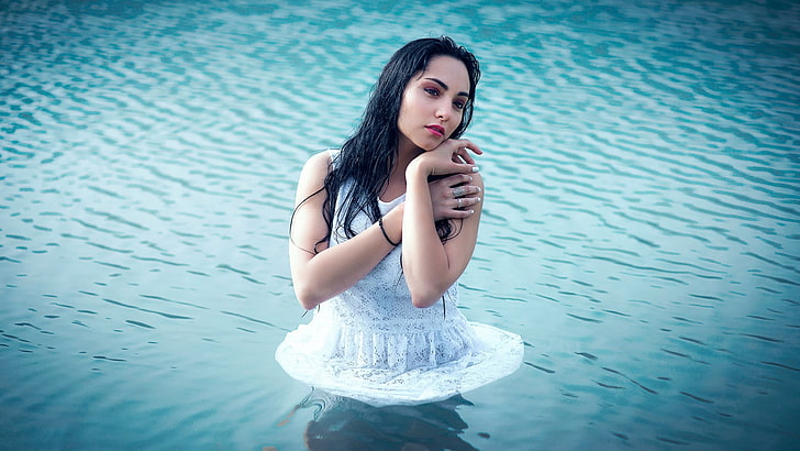 woman wearing white sleeveless dress while in the body of water, HD wallpaper