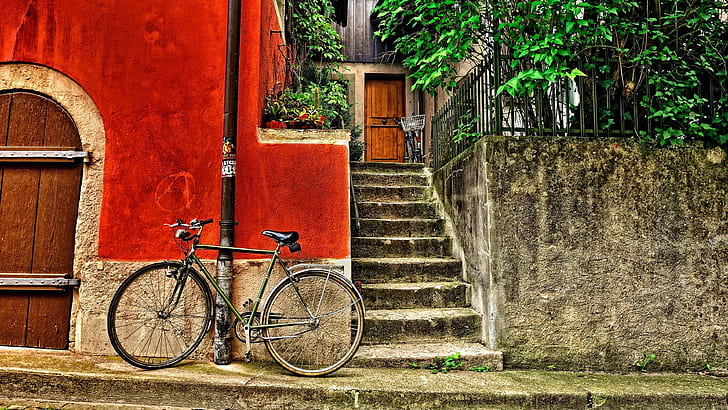 bicycle, bike, wall, street, house, town