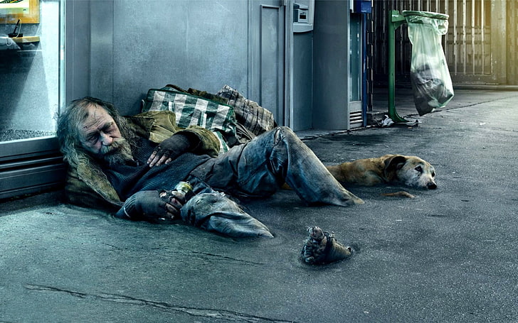men's brown fur-trimmed hoodie, street, people, dog, homeless