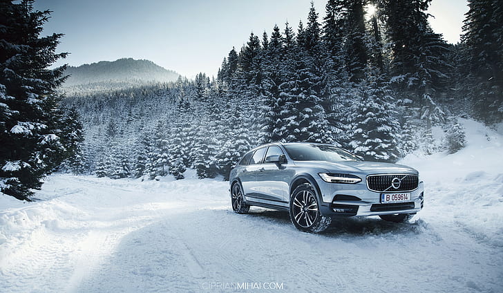 Volvo, Volvo V90 CC, car, winter, nature, snow, pine trees, HD wallpaper