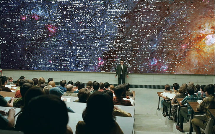 university, students, science, blackboard, physics, nebula
