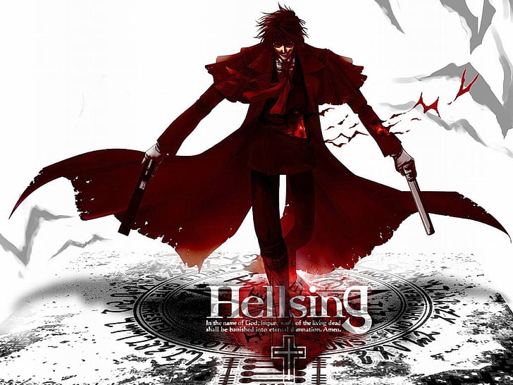 Hellsing, Alucard, white background, red, text, indoors, studio shot