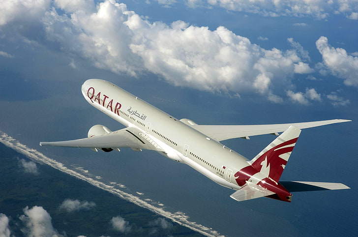 white and red Qatar Airlines airliner, The sky, Weather, Wings