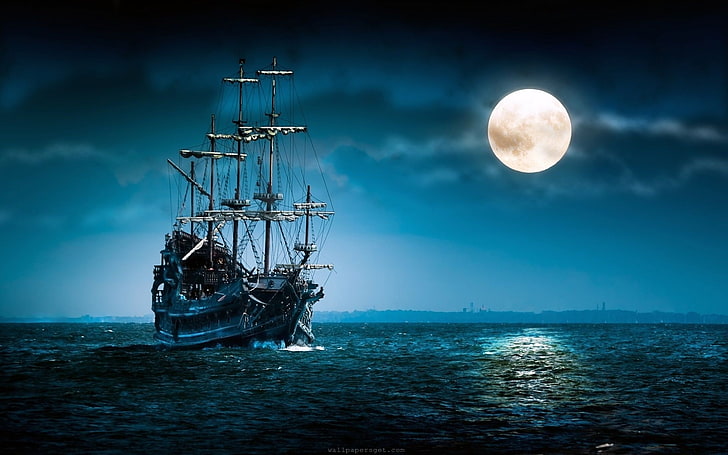 clouds dark night moon pirates front legendary flying dutchman oceans ghost ship 1920x1200 wallpa Nature Oceans HD Art