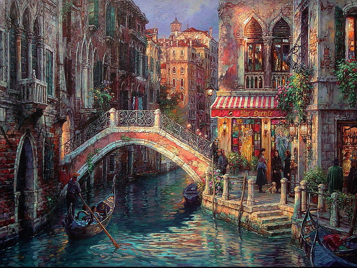 The Grand Canal of Venice painting, bridge, people, street, home
