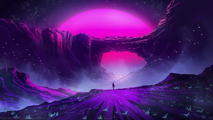 digital, bright, night, stars, field, purple background