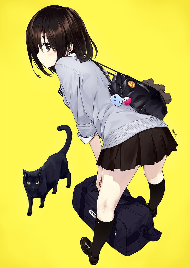 black-haired girl anime character and cat wallpaper, anime girls, HD wallpaper