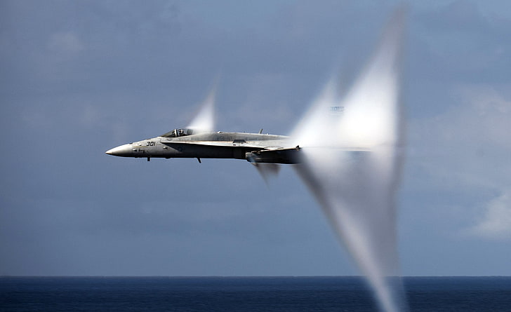 aircraft, military, sonic booms, FA-18 Hornet, water, sea, motion