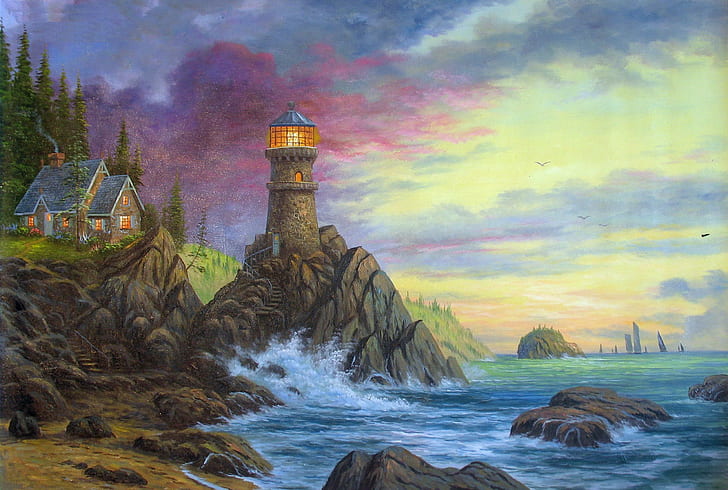 Thomas Kinkade, lighthouse painting decor, evening, rock, sunset, HD wallpaper