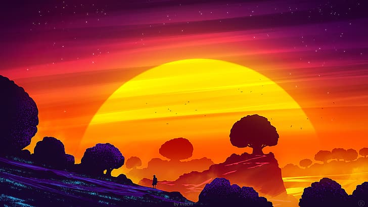 4K Sunset Illustration Landscape Nature Background Wallpaper for PC