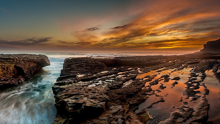 sea and rock formation digital wallpaper, nature, landscape, sunset
