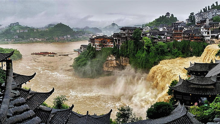 town, waterfall, yongshun, xiangxi, hunan, china, asia, furongzhen, HD wallpaper