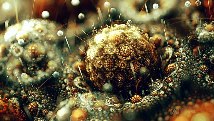 brown and black flower, fractal, abstract, digital art, bubbles, HD wallpaper