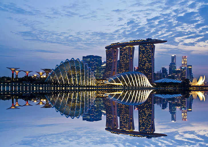 city skyline, cityscape, architecture, reflection, Singapore