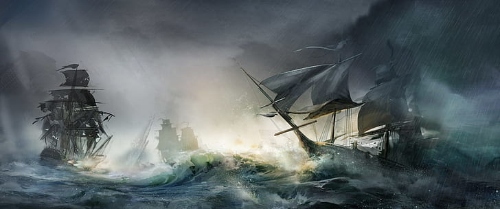 storm, wood, sailboats, naval battles, HD wallpaper