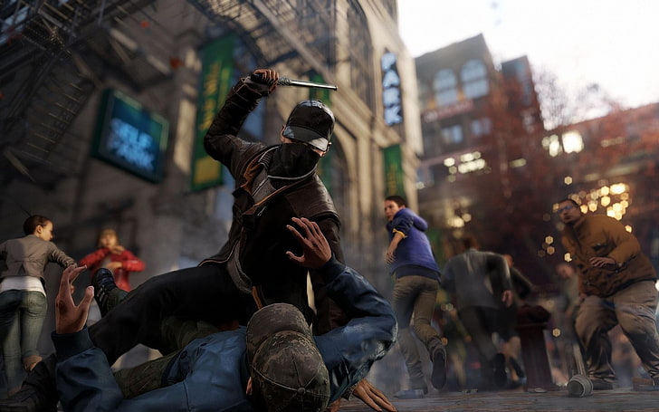 video game screenshot, Watch_Dogs, Aiden Pearce, Ubisoft, group of people