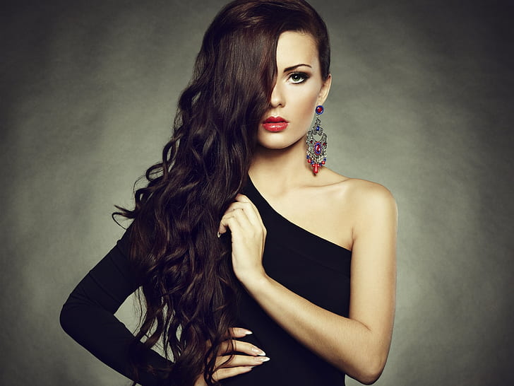 HD wallpaper: Makeup fashion girl, red lips, long hair, earrings, shoulder  black dress | Wallpaper Flare