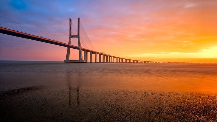 gray cable-stay bridge, nature, landscape, Portugal, Lisbon, sky