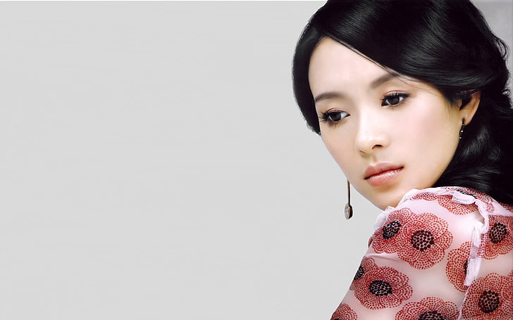 women's red and white floral top, zhang ziyi, brunette, actress, HD wallpaper