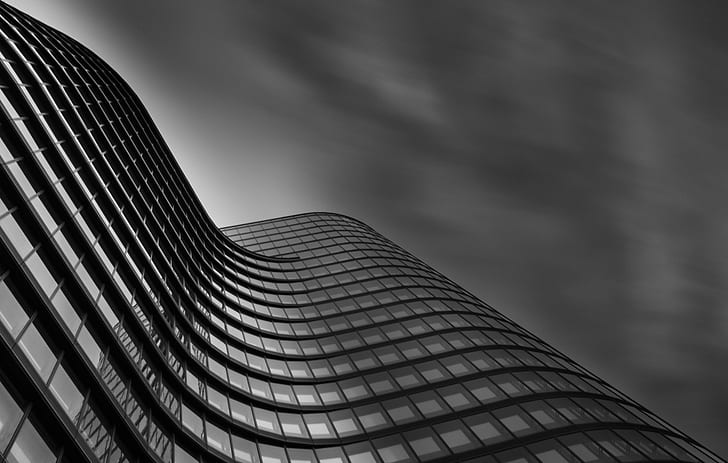 gray scale bottom photo of high rise building, monochrome, architecture