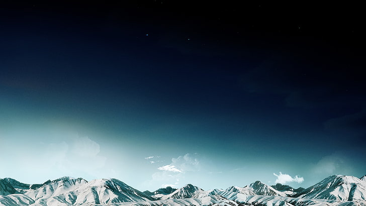 snow covered mountain, mountains, snowy peak, space, stars, clouds