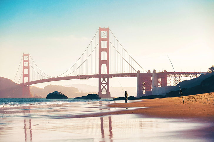 Golden Gate Bridge, San Francisco, fishing, beach, water, bridge - man made structure, HD wallpaper