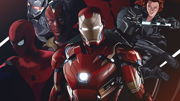 Civil War, 4K, Team Iron Man, War Machine, Vision, Spider-Man, HD wallpaper