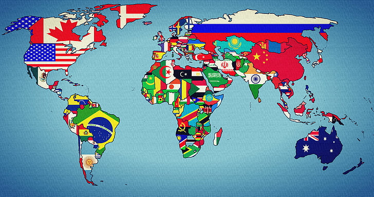 multicolored world map, earth, states, geographic map, flag, europe