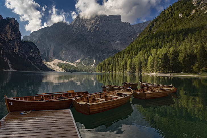 forest, mountains, lake, Marina, boats, Italy, The Dolomites, HD wallpaper