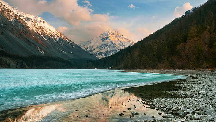 Icy Kucheria In Siberia, snow covered mountain, forozen, lake