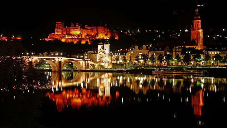 Castles, Heidelberg Castle, reflection, night, illuminated