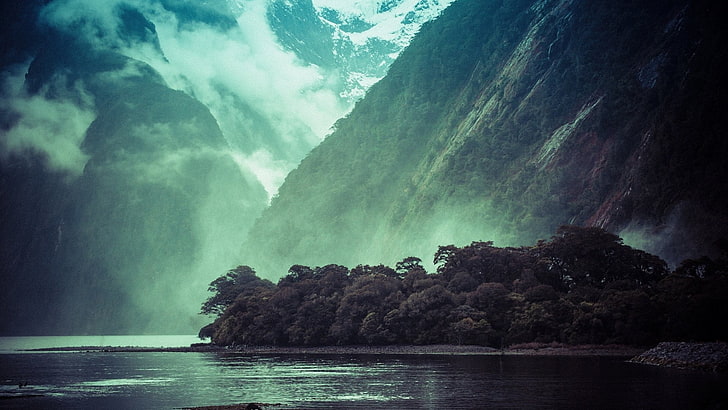 green leafed trees, mountains, landscape, mist, water, clouds
