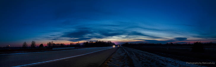 concrete road during nighttime, RoadSide, Sunset  panorama, panoramic view, HD wallpaper